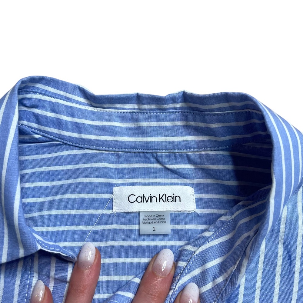 SOLD Calvin Klein Women’s Blue & White Stripe Long Sleeve Tie Waist Long Sleeve - Picture 6 of 7
